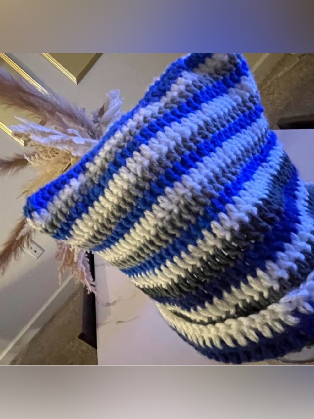 Striped Chunky crochet cat hat in Royal Blue, White, and Gray